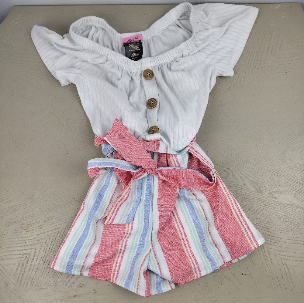 Paper Doll White Top with attached Pink Striped Shorts Romper size S (7/8)